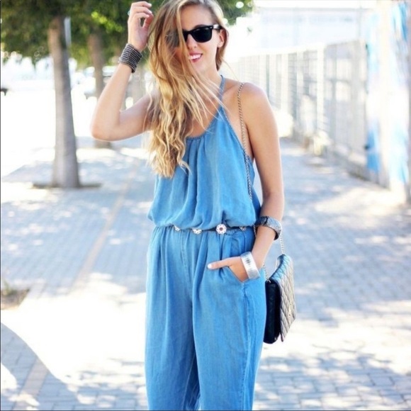 Zara | Z1975 Denim Chambray Halter Jogger Jumpsuit - Picture 11 of 11